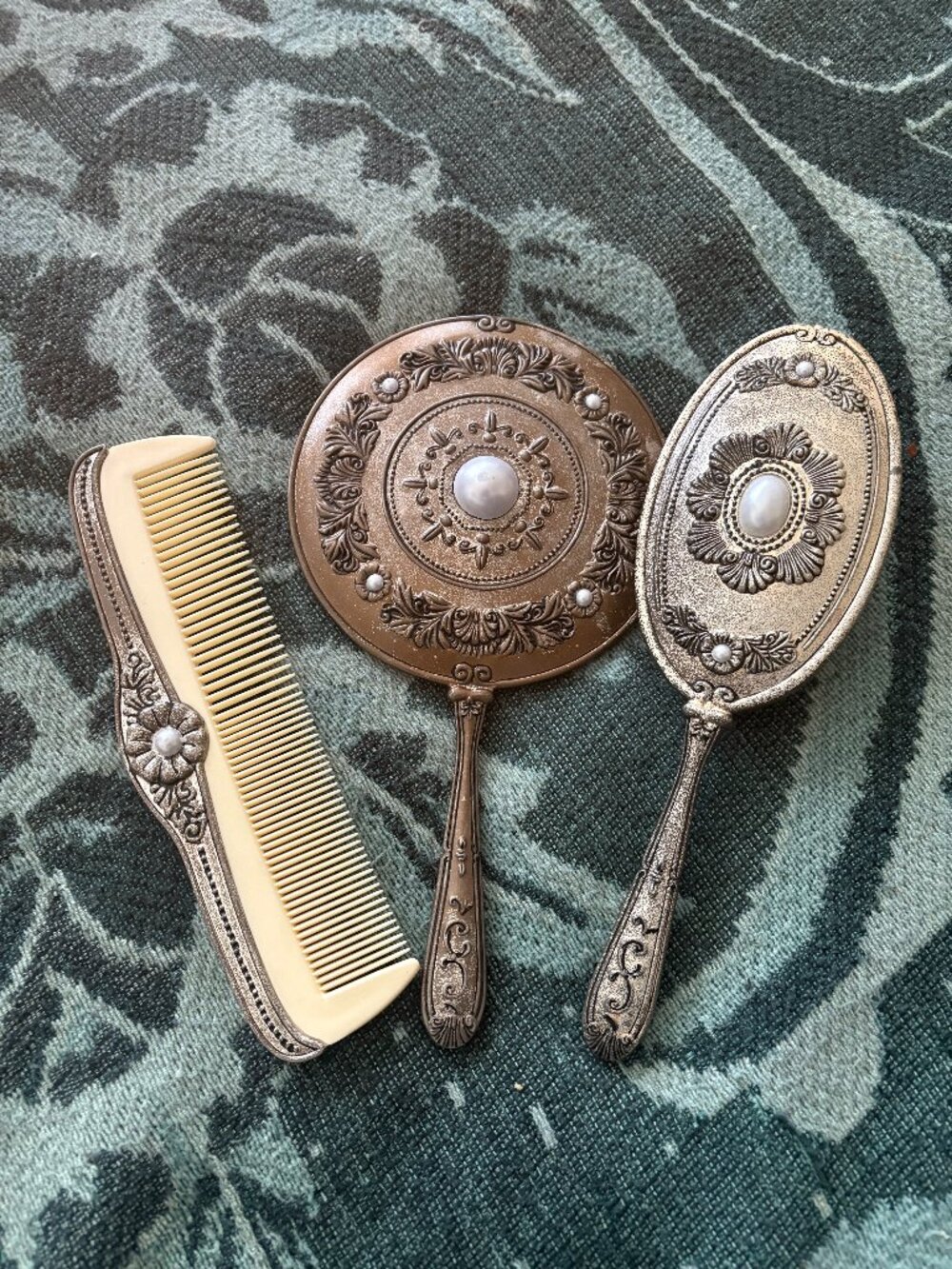 Vintage Godinger Ornate Silver-Tone Pearl Vanity Set Mirror Brush & Comb Antique